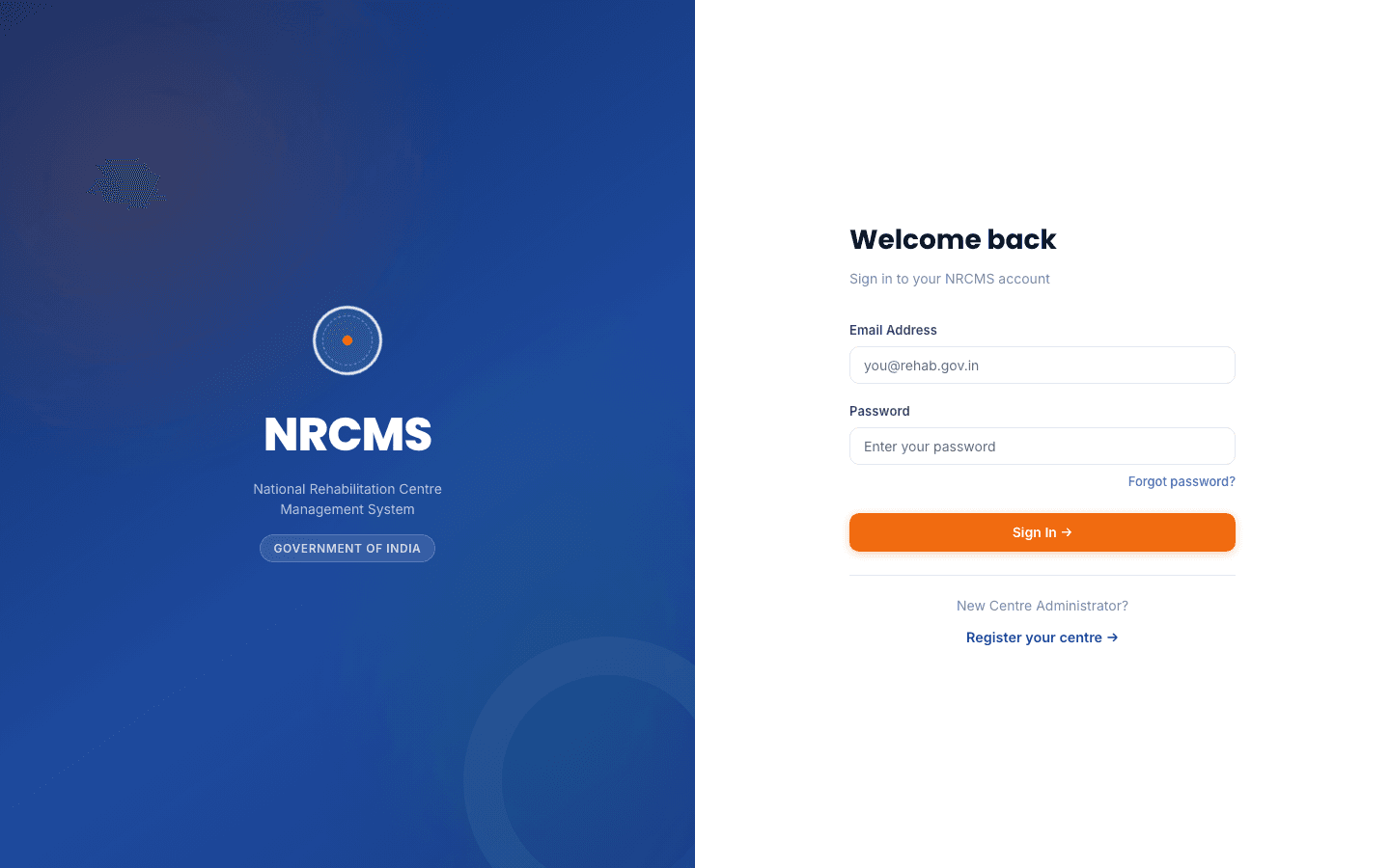 Live NRCMS deployment screenshot